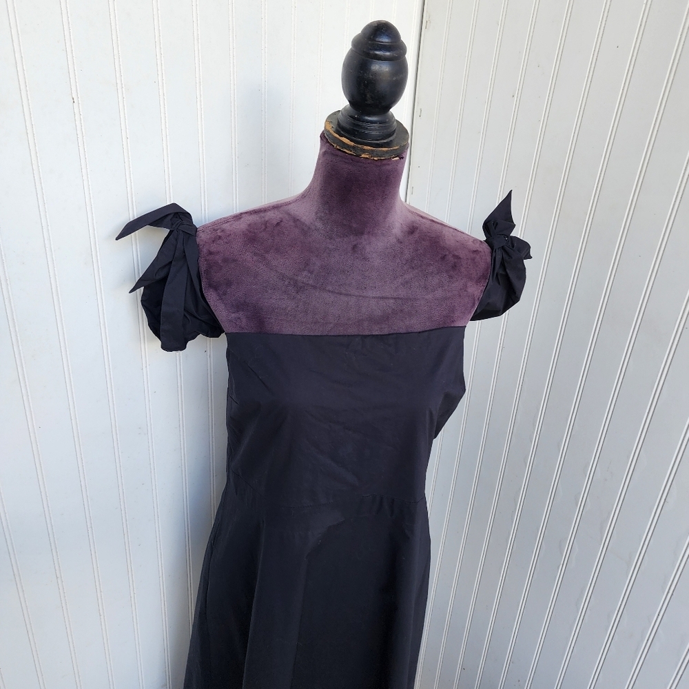 Ann Taylor Off Shoulder SMOCKED Back A-Line DRESS Black Short Sleeve Tie Sz 14 - Picture 3 of 14